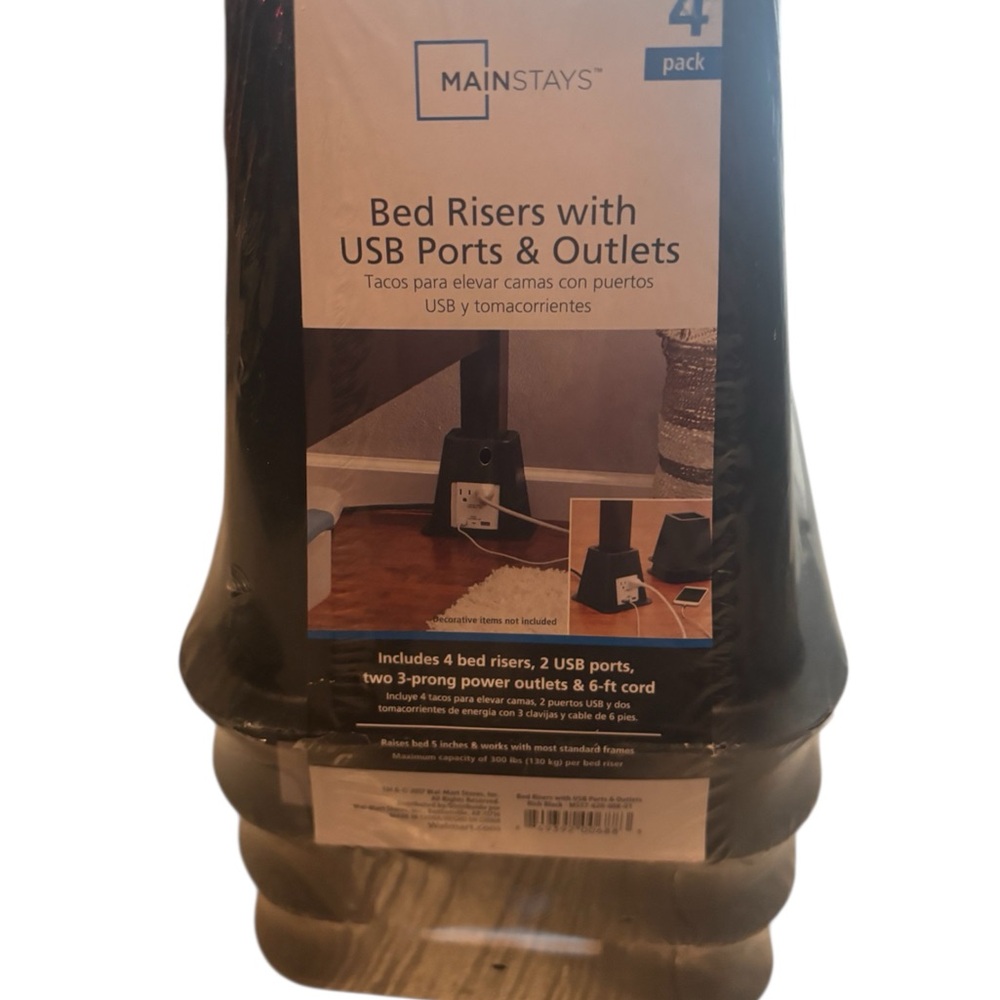 Mainstays 4 Pack U Under Bed Black Bed Risers with USB and Outlets